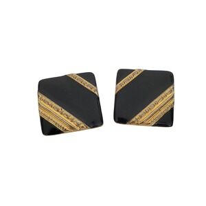 Givenchy Vintage Clip On Earrings Black Enamel Gold Tone Square 1980s Statement